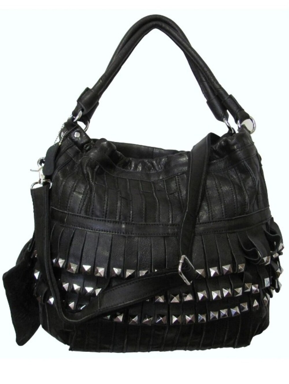 Luxe Lambskin Leather Silver Studded Fringe Shoulder Bag w/Matching Coin Pouch